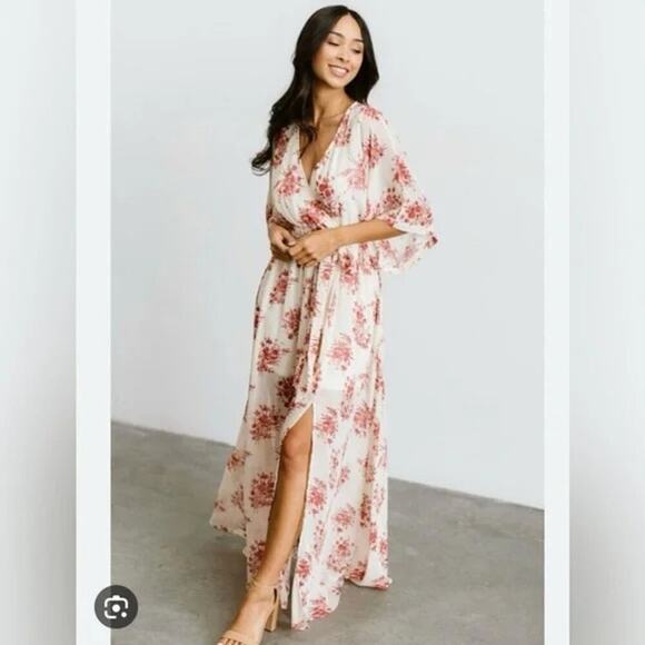 Baltic Born Women's Red Floral Print V-neck Kia Kimono Maxi Dress Size XL - Picture 1 of 6